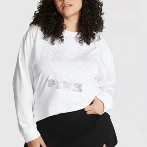 PINK Victorias Secret Women M Rhinestone Oversized Long Sleeve Campus Tee NWT
